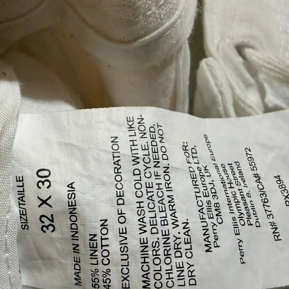 Perry Ellis Mens Linen Blend Pants White 35x28  Button Fly Beach Casual